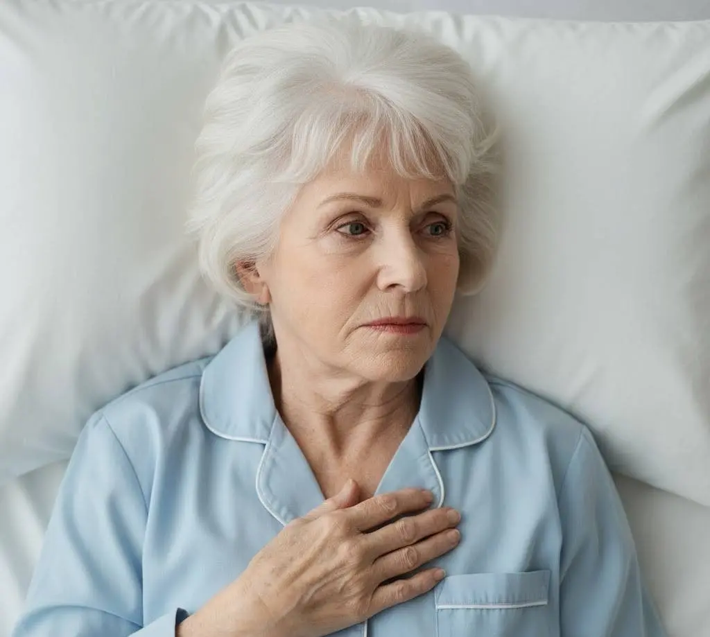 Woman on bed with her hand on her chest