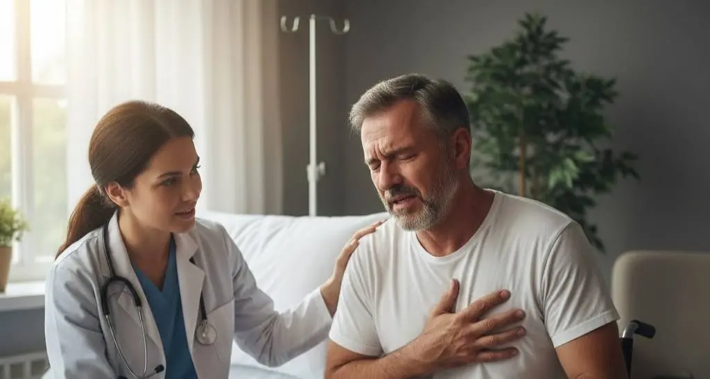 Doctor supporting patient with hand on his chest