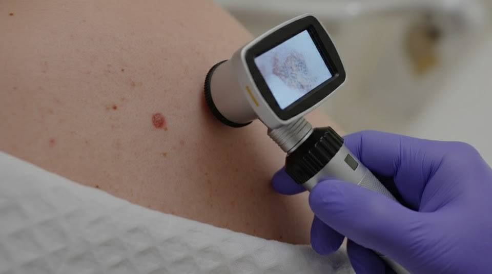 Doctor examining a patient's skin with a zooming machine