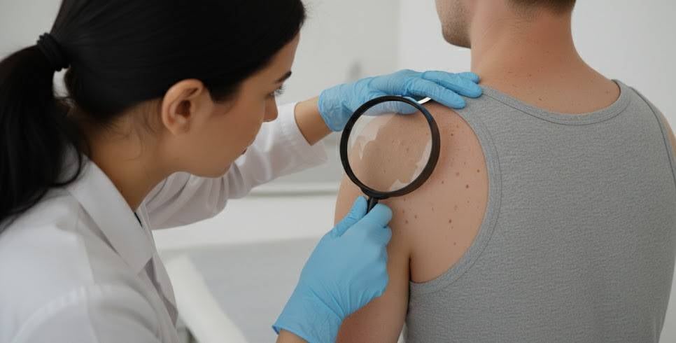 Doctor examining a patient's skin with a magnifying glass