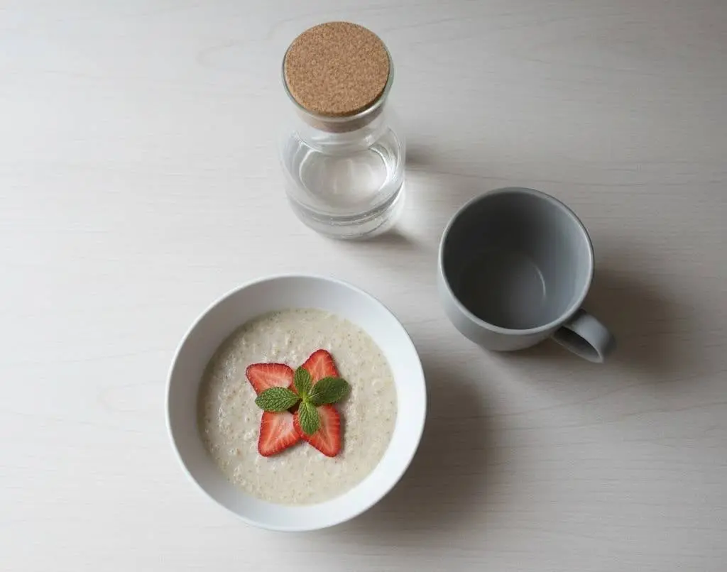 Oatmeal with fruit and water on a table