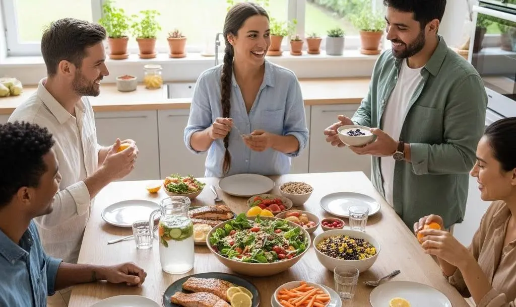 People sitting around table with food