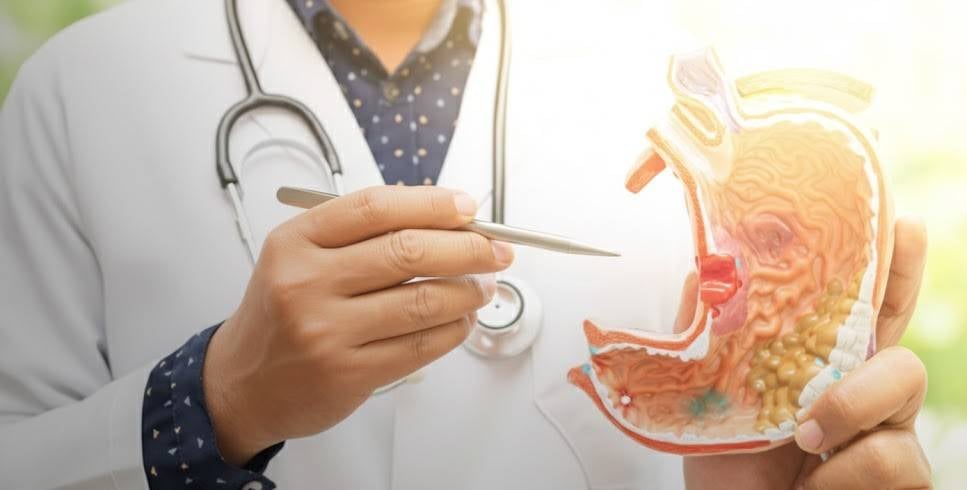 Doctor holding stomach ulcer illustration