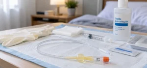 Στείρο σετ τοποθέτησης ουροκαθετήρα Foley με γάντια και λιπαντικό ζελέ σε υπνοδωμάτιο ασθενούς